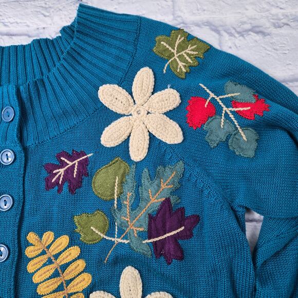 Teal Blue Green Fall Applique Cardigan by Classic Elements Ribbed Waist size XL - Picture 8 of 13
